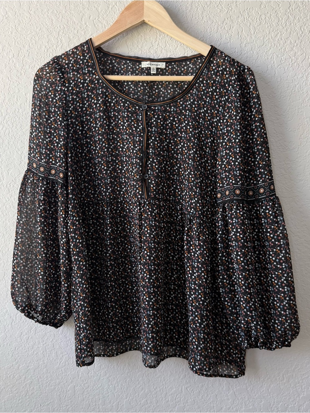 Max Studio Black Floral Dot Bubble Sleeve Peasant Blouse